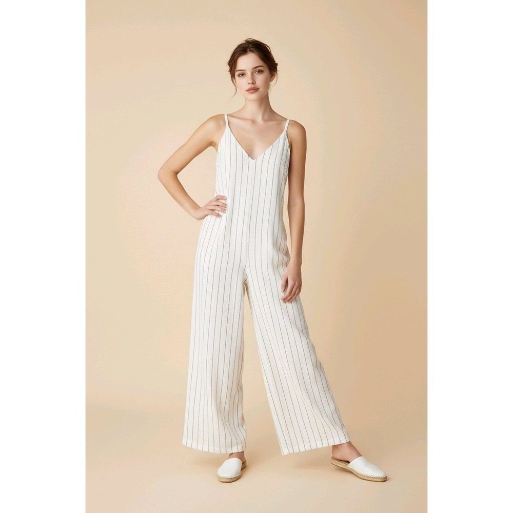 Urban Romantics Linen Blend Pinstripe Wide Leg Jumpsuit White Black L Tie Strap
